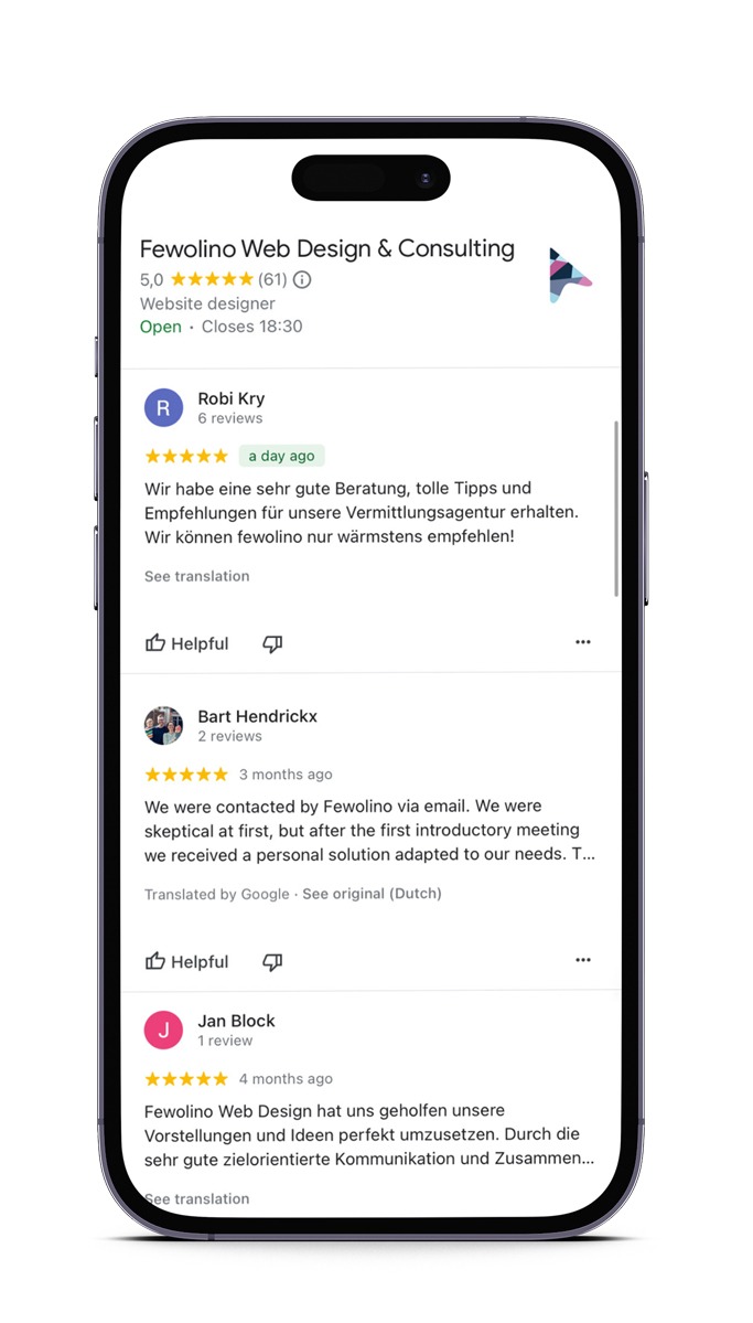 Google-Bewertungen für Fewolino Web Design & Consulting auf dem Smartphone – 5-Sterne-Erfahrungen von FEWO-Vermietern mit Webdesign, Beratung und Marketing