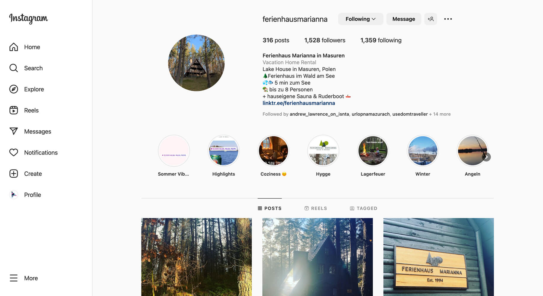 Ferienhaus Instagram Profil mit Linktree - Beispiel von 2023