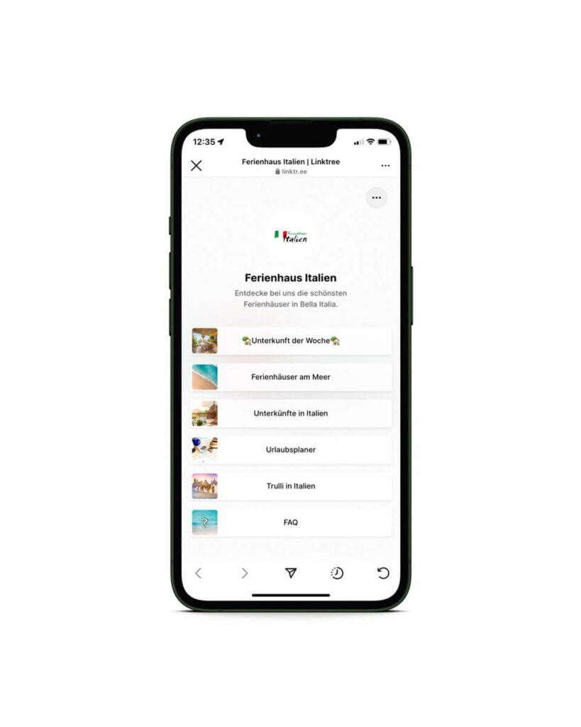 Ferienhaus bewerben mit Instagram - Linktree Beispiel Ferienhaus Italien