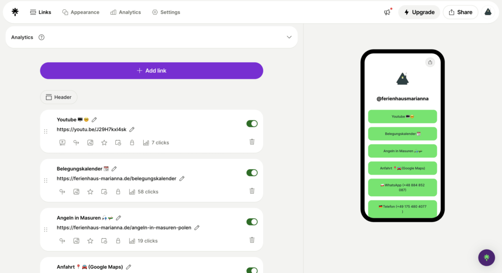 Das Linktee Dashboard
