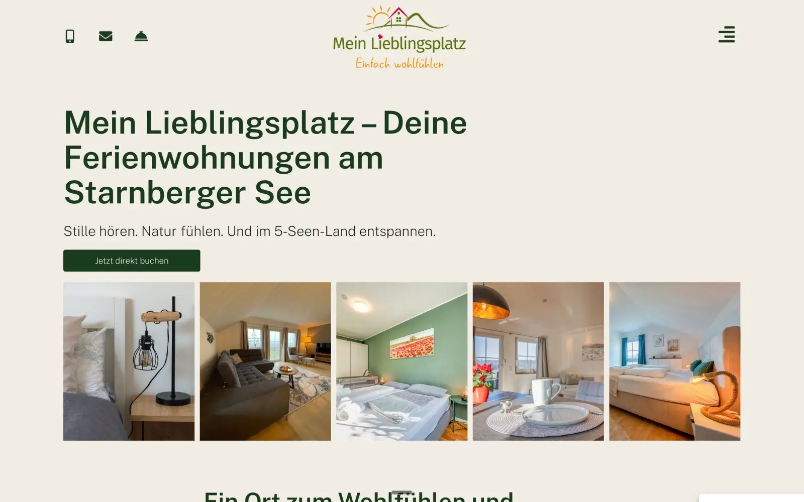 Website von Mein Lieblingsplatz mit fünf Innenraumfotos und grüner Direktbuchungsschaltfläche.