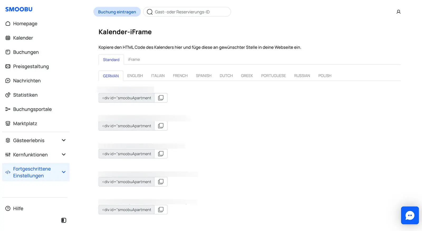 Smoobu-Dashboard mit Einstellungen zur Kalender-iFrame-Einbindung und mehreren kopierbaren HTML-Codefeldern.