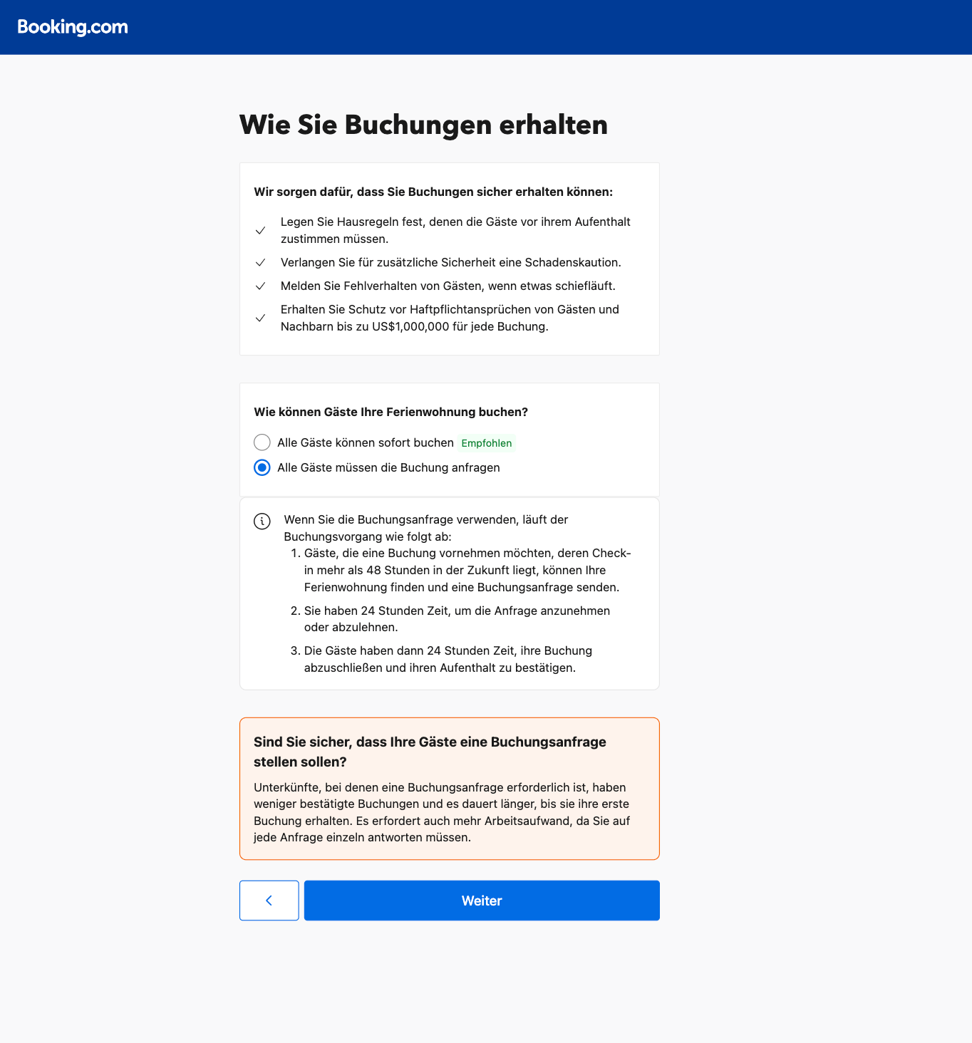 Buchungen per Anfrage - via Booking.com: du wirst während der Neuregistrierung abgefragt, wie du buchbar sein möchtest