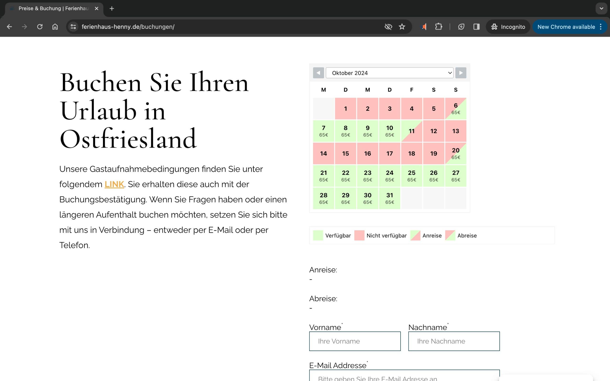 Ferienhaus Website Beispiel mit Belegungskalender | Ostfriesland