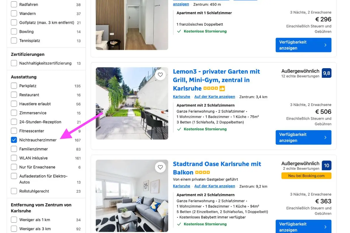 Booking.com-Suchergebnisse zeigen den aktivierten Ausstattungsfilter für Nichtraucherzimmer in Karlsruhe.