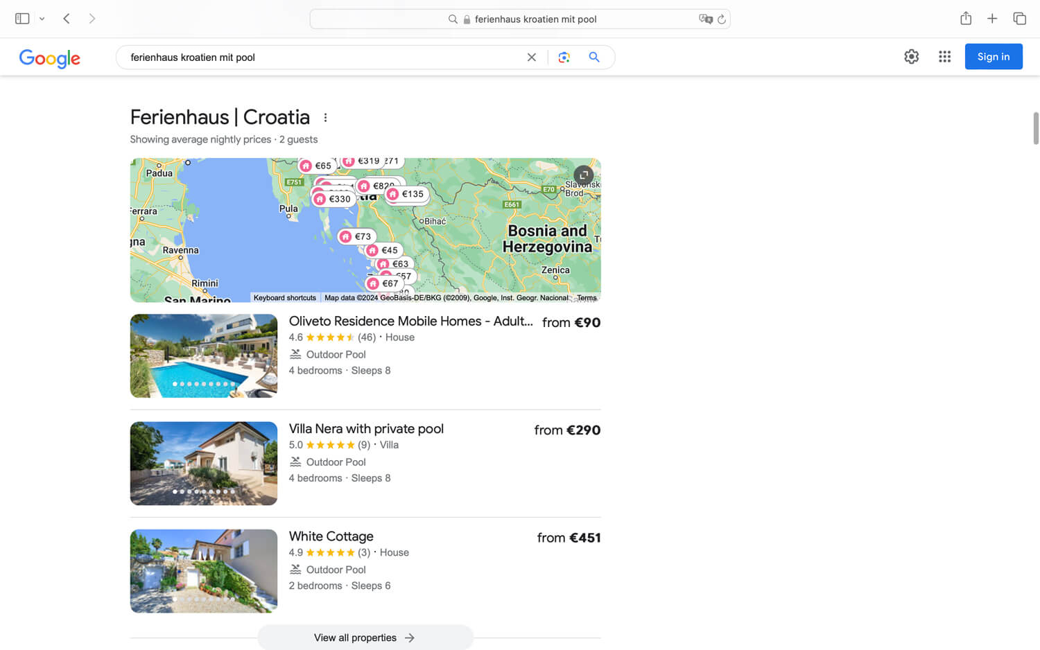 Google Suche -Ferienhaus in Kroatien