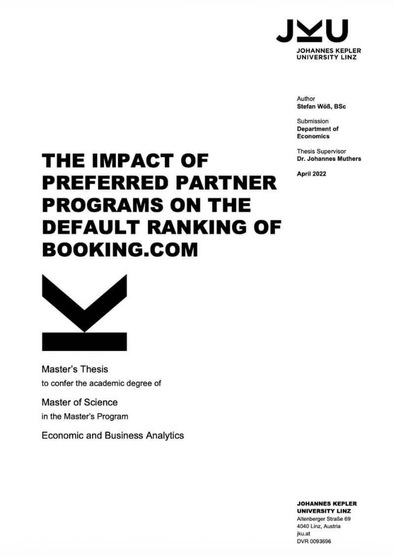 Titelseite einer Masterarbeit untersucht Preferred-Partner-Programme und das Booking.com-Ranking.