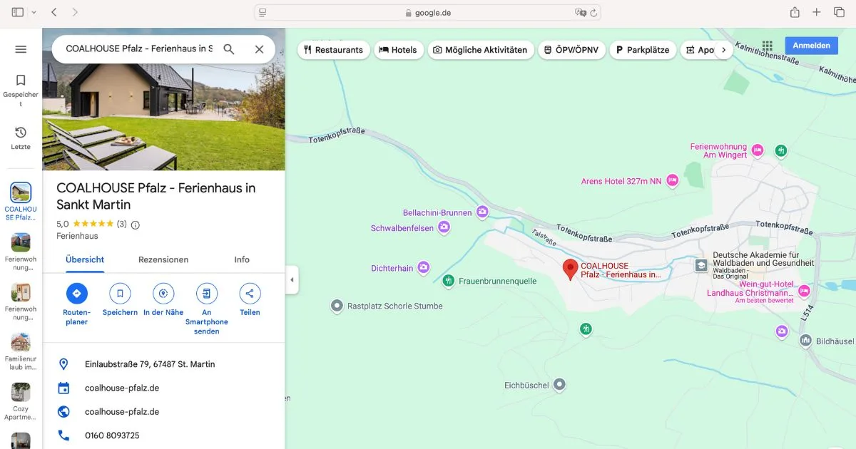Google Maps zeigt ein Ferienhaus in Sankt Martin mit Standortdetails.