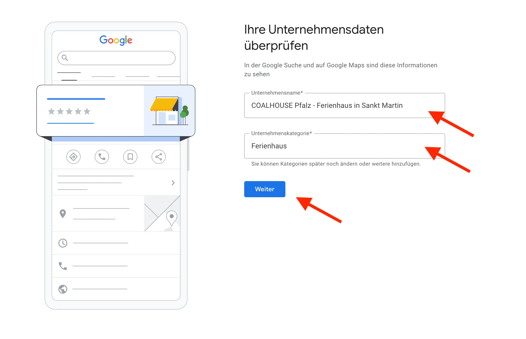 Google-Maske zeigt Unternehmensname und Kategorie für einen Ferienhaus-Eintrag.