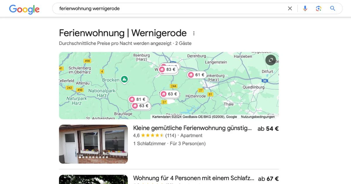 Google-Suche zeigt Ferienwohnungen in Wernigerode mit Karte, Preisen und Bewertungen.