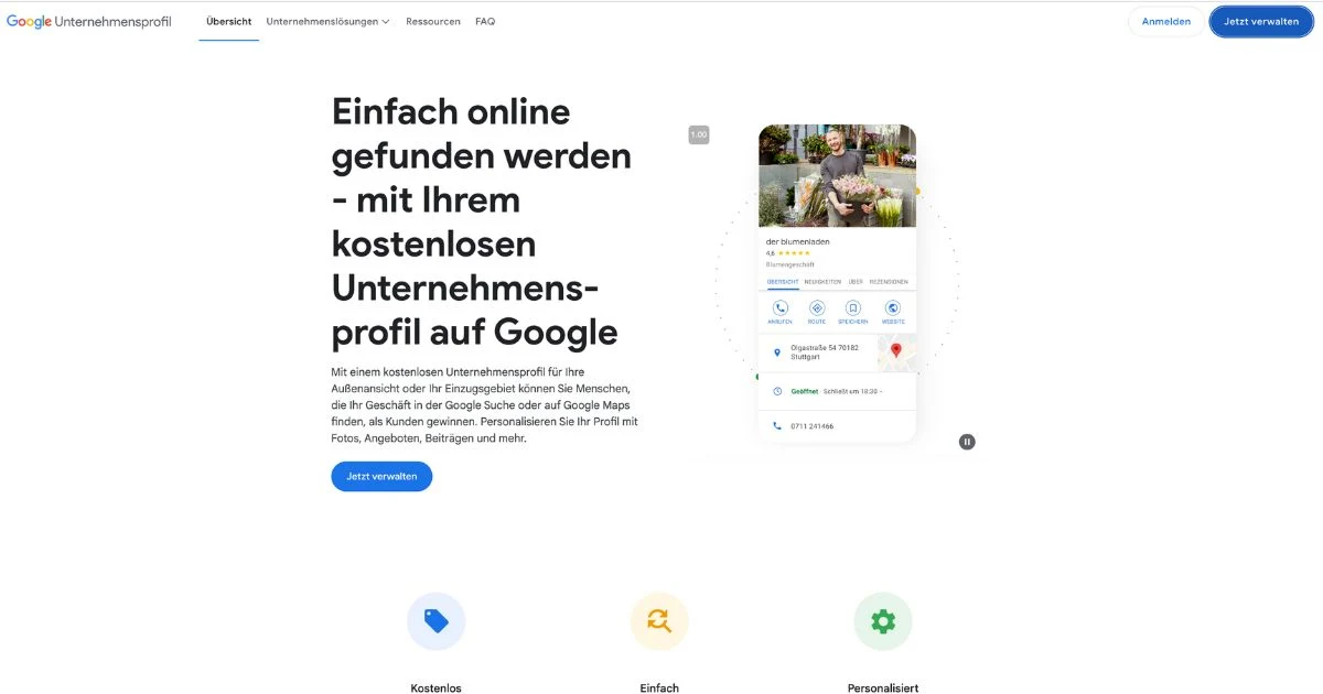 Google-Unternehmensprofil-Seite erklärt die kostenlose Präsenz in Suche und Maps.