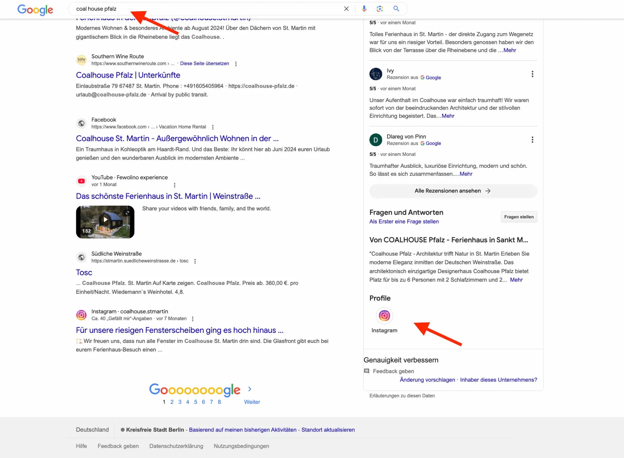 Google-Suchergebnis zeigt ein Ferienhausprofil mit verknüpftem Instagram-Konto und Bewertungen.
