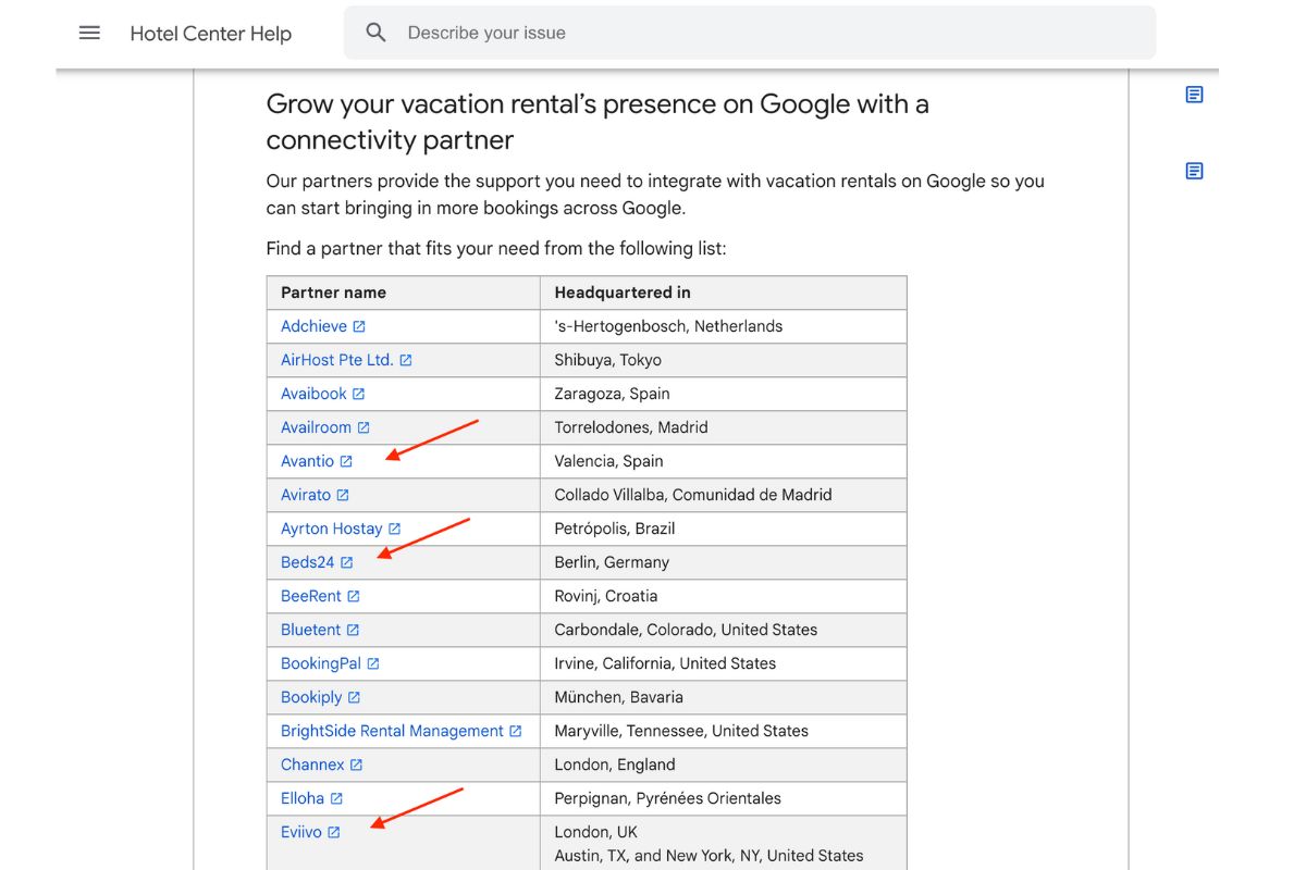 Übersicht Google Vacation Rental Partners - PMS Liste