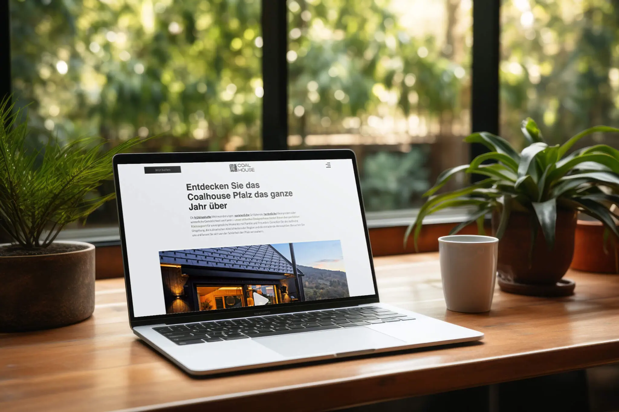 Laptop mit eigener Website für das Ferienhaus Coalhouse Pfalz als Beispiel für eine unabhängige Ferienwohnungs-Website.