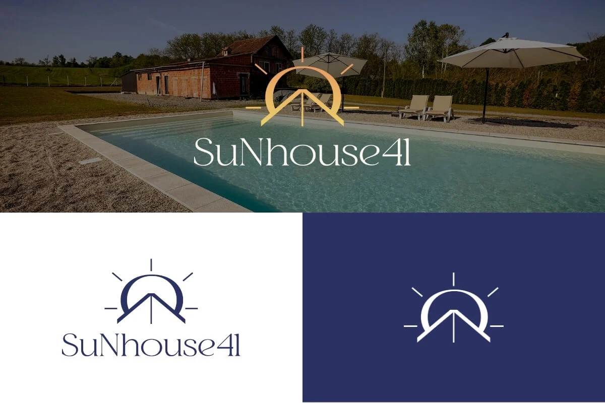 SuNhouse41 Logo in mehreren Varianten vor einem Ferienhaus mit Pool.