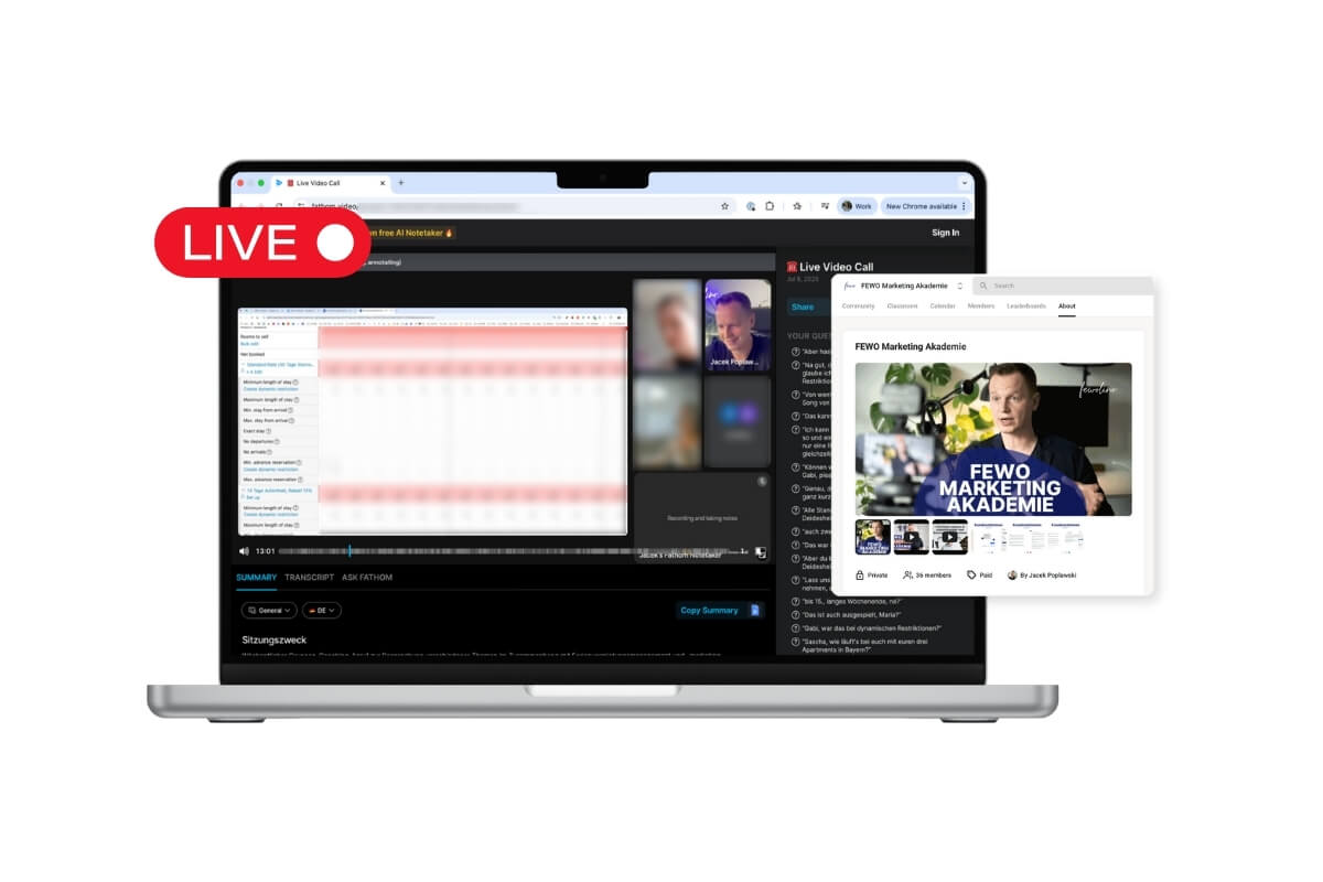 Laptop mit Live-Coaching der FEWO Marketing Akademie – Online-Strategiegespräch für Ferienwohnungs-Vermieter mit Jacek Poplawski