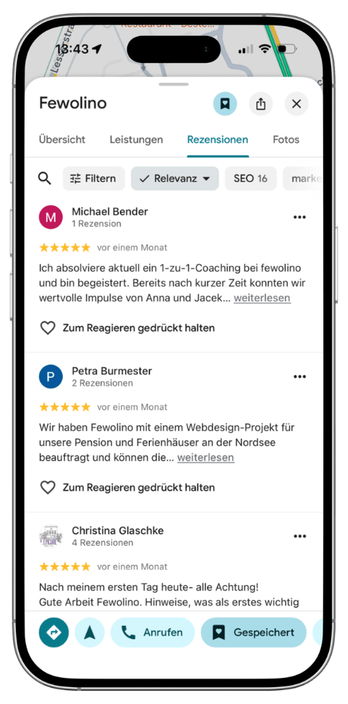 Google-Bewertungen für Fewolino auf dem Smartphone – 5-Sterne-Erfahrungen von FEWO-Vermietern mit Webdesign, Beratung und Marketing